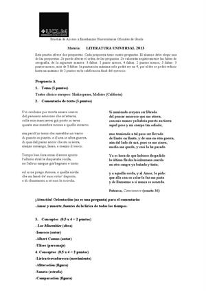 Examen de Selectividad: Literatura universal. Castilla-La Mancha. Convocatoria Junio 2013