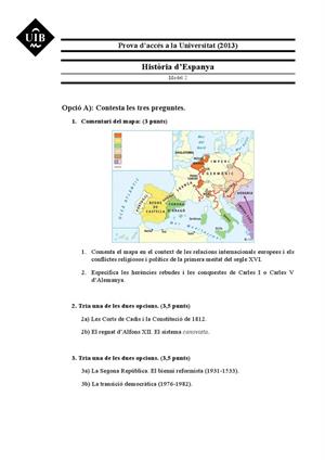 Examen de Selectividad: Historia de España. Islas Baleares. Convocatoria Septiembre 2013