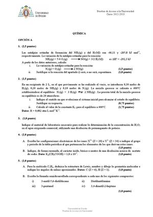 Examen de Selectividad: Química. Asturias. Convocatoria Junio 2013