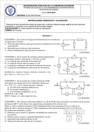 Examen de Selectividad: Electrotecnia. Madrid. Convocatoria Junio 2014