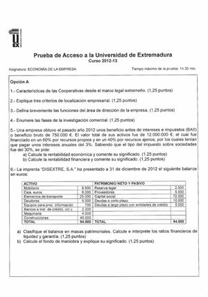 Examen de Selectividad: Economía. Extremadura. Convocatoria Septiembre 2013