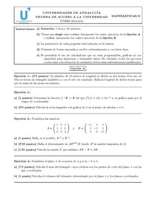 Examen de Selectividad: Matemáticas II. Andalucía. Convocatoria Septiembre 2013
