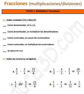 Multiplicación y División de fracciones - Ficha de ejercicios (educa3d)