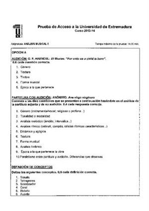Examen de Selectividad: Análisis musical. Extremadura. Convocatoria Junio 2014