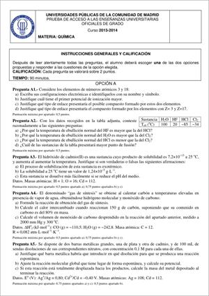 Examen de Selectividad: Química. Madrid. Convocatoria Junio 2014