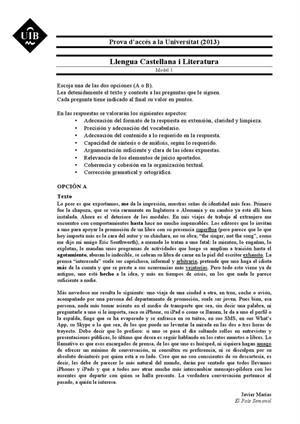 Examen de Selectividad: Lengua castellana y su Literatura. Islas Baleares. Convocatoria Junio 2013