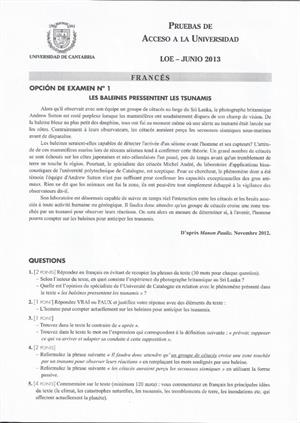 Examen de Selectividad: Francés. Cantabria. Convocatoria Junio 2013