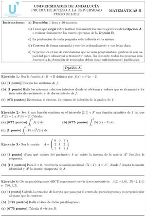 Examen de Selectividad: Matemáticas II 4. Andalucía. Convocatoria Junio 2012