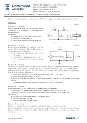 Examen de Selectividad: Electrotecnia. Aragón. Convocatoria Septiembre 2013