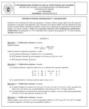 Examen selectividad: Matemáticas. Madrid. Convocatoria junio 2015