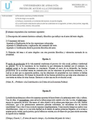 Examen de Selectividad: Historia de la Filosofía 5. Andalucía. Convocatoria Junio 2012