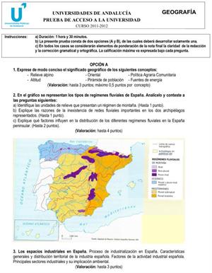 Examen de Selectividad: Geografía 2. Andalucía. Convocatoria Junio 2012