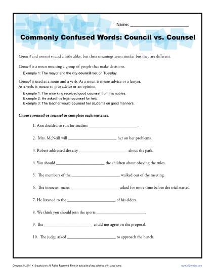 Commonly Confused Words Worksheet: Council vs. Counsel