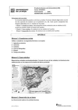 Examen de Selectividad: Geografía. La Rioja. Convocatoria Julio 2013