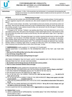 Examen de Selectividad: Lengua extranjera (Inglés) Opción B. Andalucía. Convocatoria Junio 2012