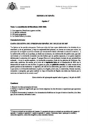 Examen de Selectividad: Historia de España. Asturias. Convocatoria Junio 2014