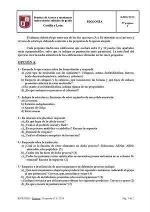 Examen de Selectividad: Biología. Castilla y León. Convocatoria Junio 2013