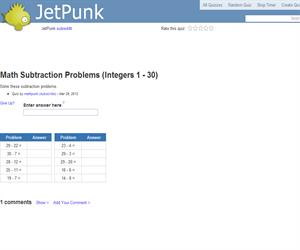 Math Subtraction Problems (Integers 1 - 30)