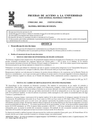 Examen de Selectividad: Historia de España. Canarias. Convocatoria Julio 2013