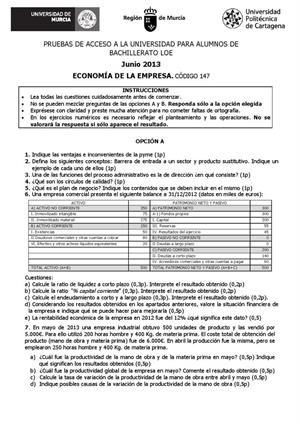 Examen de Selectividad: Economía. Murcia. Convocatoria Junio 2013