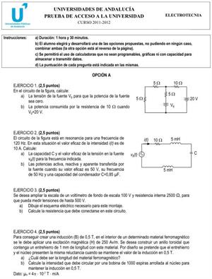 Examen de Selectividad: Electrotecnia 2. Andalucía. Convocatoria Junio 2012