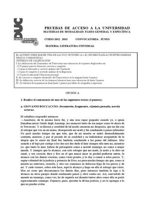 Examen de Selectividad: Literatura universal. Canarias. Convocatoria Junio 2013