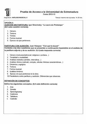 Examen de Selectividad: Análisis musical. Extremadura. Convocatoria Junio 2013