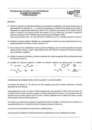 Examen de Selectividad: Química. Navarra. Convocatoria Julio 2013