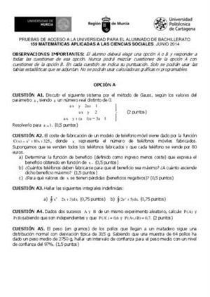 Examen de Selectividad: Matemáticas CCSS. Murcia. Convocatoria Junio 2014