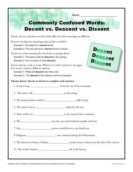 Commonly Confused Words Worksheet: Decent vs. Descent vs. Dissent