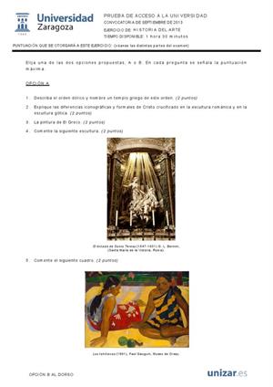 Examen de Selectividad: Historia del arte. Aragón. Convocatoria Septiembre 2013