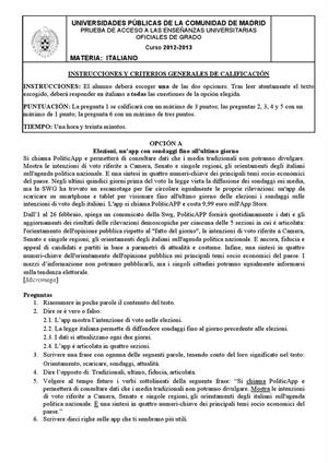 Examen de Selectividad: Italiano. Madrid. Convocatoria Junio 2013