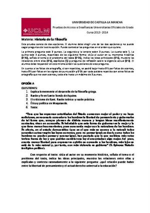 Examen de Selectividad: Historia de la filosofía. Castilla-La Mancha. Convocatoria Junio 2014