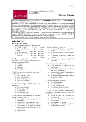 Examen de Selectividad: Biología. Castilla-La Mancha. Convocatoria Junio 2013