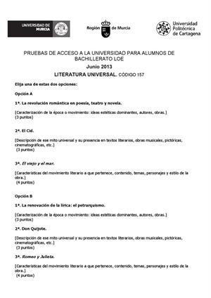 Examen de Selectividad: Literatura universal. Murcia. Convocatoria Junio 2013