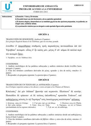 Examen de Selectividad: Griego 2. Andalucía. Convocatoria Junio 2012