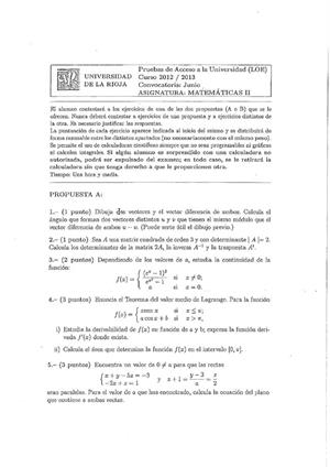 Examen de Selectividad: Matemáticas II. La Rioja. Convocatoria Junio 2013