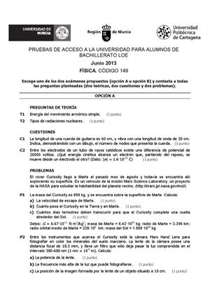 Examen de Selectividad: Física. Murcia. Convocatoria Junio 2013