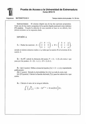 Examen de Selectividad: Matemáticas II. Extremadura. Convocatoria Septiembre 2013