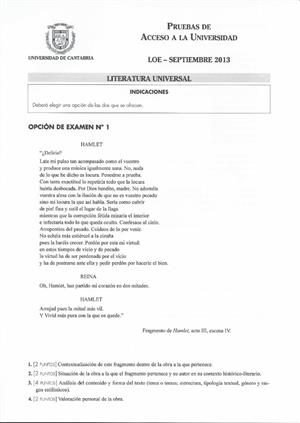 Examen de Selectividad: Literatura universal. Cantabria. Convocatoria Septiembre 2013