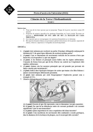 Examen de Selectividad: Ciencias de la Tierra. Islas Baleares. Convocatoria Septiembre 2013