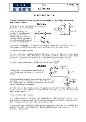 Examen de Selectividad: Electrotecnia. Galicia. Convocatoria Junio 2013