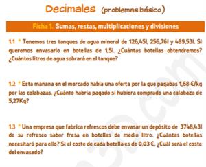 Decimales (problemas básico) - Ficha para imprimir