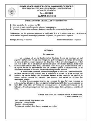 Examen de Selectividad: Francés. Madrid. Convocatoria Septiembre 2013