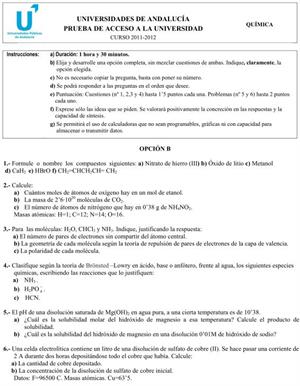 Examen de Selectividad: Química Opción B. Andalucía. Convocatoria Junio 2012