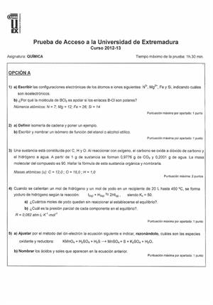 Examen de Selectividad: Química. Extremadura. Convocatoria Septiembre 2013
