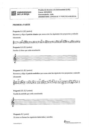 Examen de Selectividad: Lenguaje y práctica musical. La Rioja. Convocatoria Julio 2013