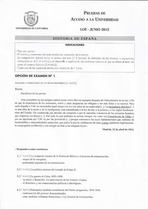Examen de Selectividad: Historia de España. Cantabria. Convocatoria Junio 2013