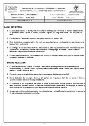 Examen de Selectividad: Análisis musical. Comunidad Valenciana. Convocatoria Junio 2013