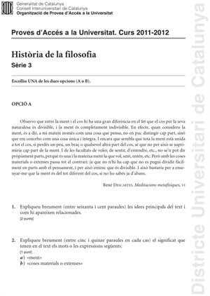 Examen de Selectividad: Historia de la Filosofía. Cataluña. Convocatoria Junio 2012
